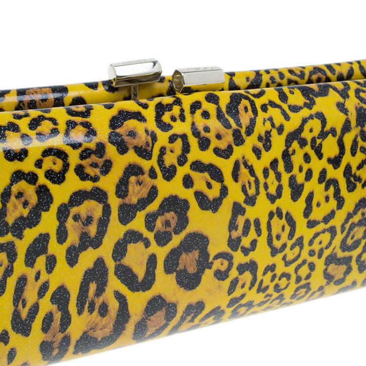 Pre Owned Jimmy Choo Yellow Patent Leopard Print Twill Tube Clutch