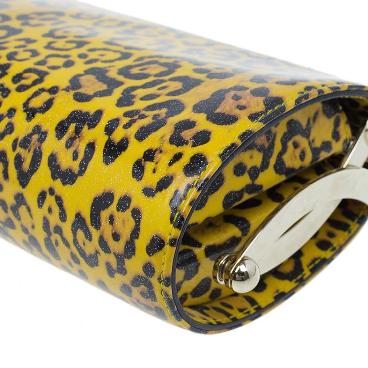 Pre Owned Jimmy Choo Yellow Patent Leopard Print Twill Tube Clutch