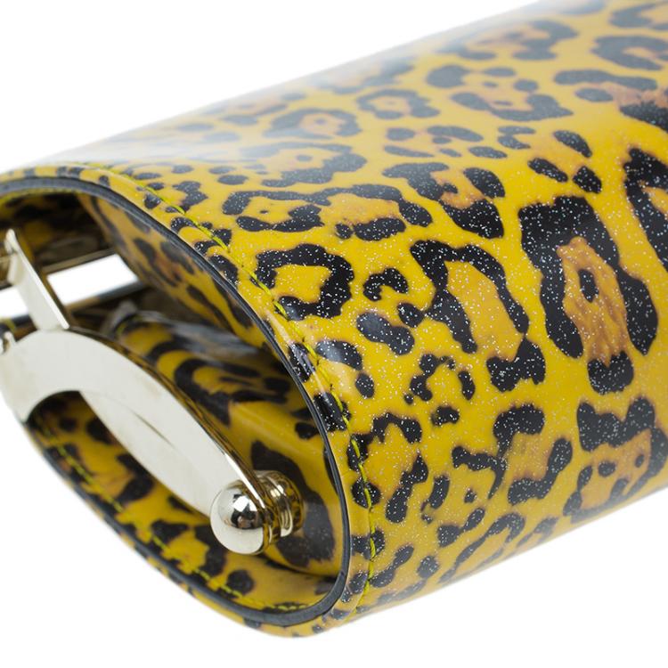 Pre Owned Jimmy Choo Yellow Patent Leopard Print Twill Tube Clutch