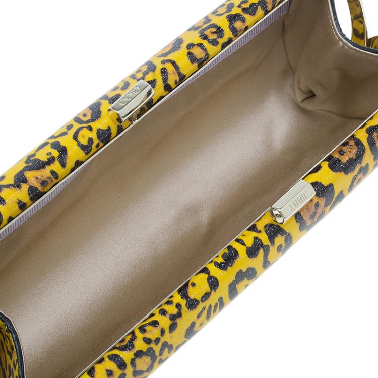 Pre Owned Jimmy Choo Yellow Patent Leopard Print Twill Tube Clutch