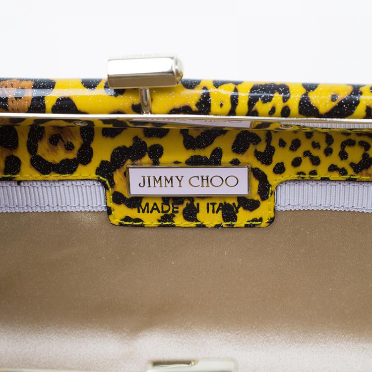 Pre Owned Jimmy Choo Yellow Patent Leopard Print Twill Tube Clutch