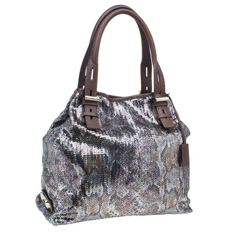Pre Owned Jimmy Choo Brown Python Print Leather/Sequin Bea Tote Bag