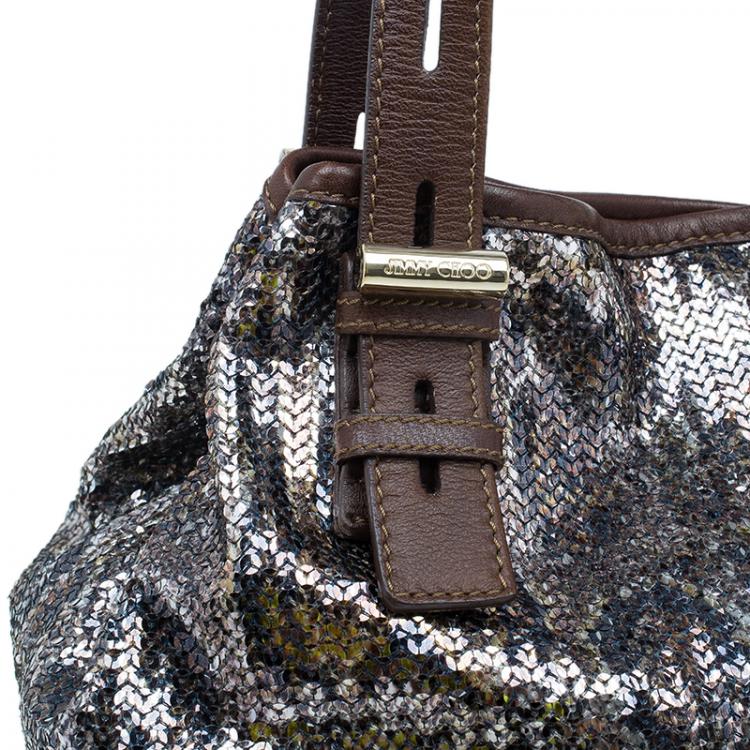 Pre Owned Jimmy Choo Brown Python Print Leather/Sequin Bea Tote Bag
