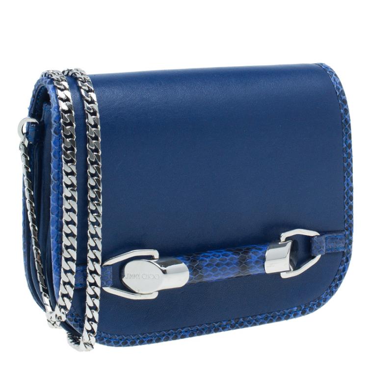 Pre Owned Jimmy Choo Blue Leather Snake Skin Trim Zadie Crossbody Bag