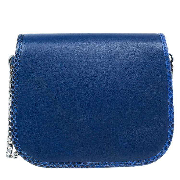 Pre Owned Jimmy Choo Blue Leather Snake Skin Trim Zadie Crossbody Bag