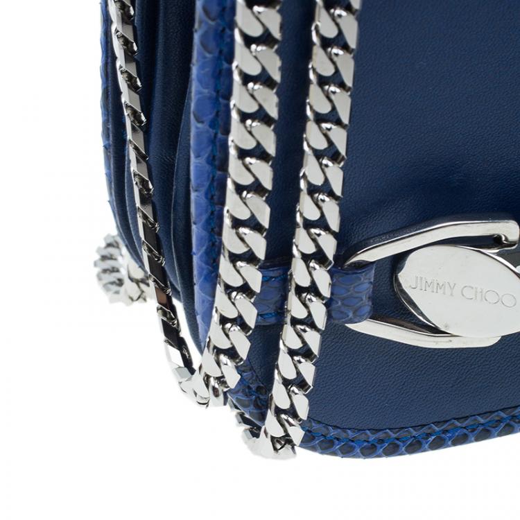 Pre Owned Jimmy Choo Blue Leather Snake Skin Trim Zadie Crossbody Bag