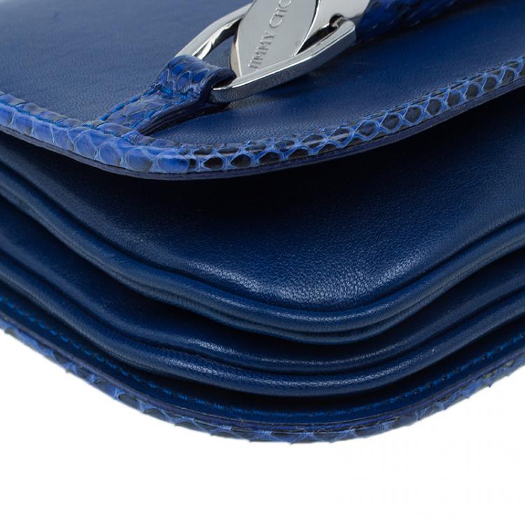 Pre Owned Jimmy Choo Blue Leather Snake Skin Trim Zadie Crossbody Bag