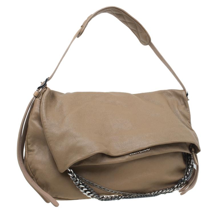 Pre Owned Jimmy Choo Beige Leather Large Biker Saddle Chain Crossbody Bag