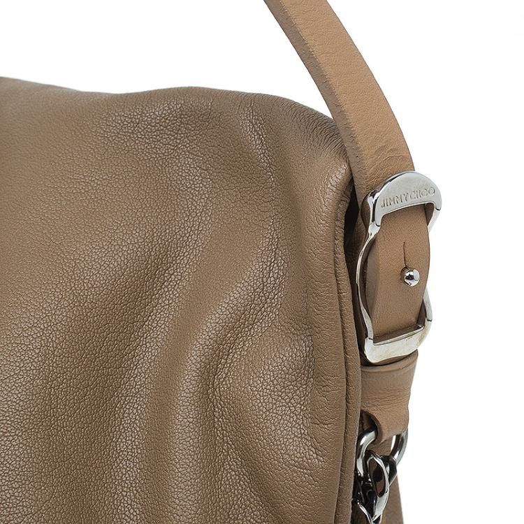 Pre Owned Jimmy Choo Beige Leather Large Biker Saddle Chain Crossbody Bag