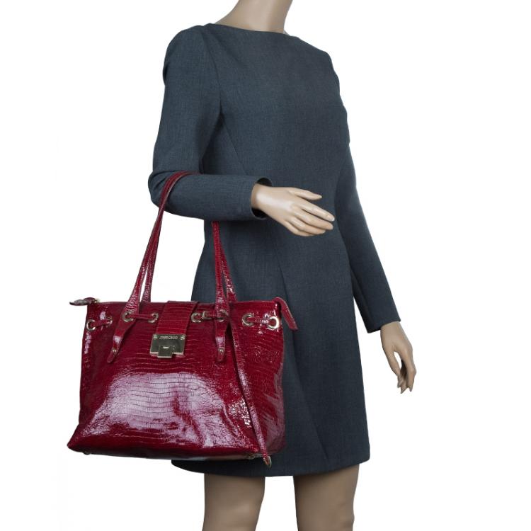 Pre Owned Jimmy Choo Red Lizard Embossed Patent Leather Rhea Shopper Tote