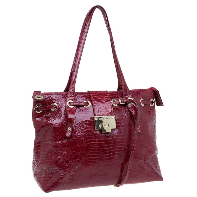 Pre Owned Jimmy Choo Red Lizard Embossed Patent Leather Rhea Shopper Tote