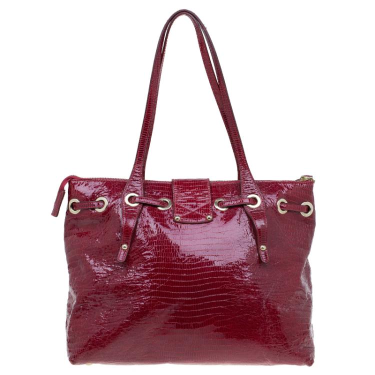 Pre Owned Jimmy Choo Red Lizard Embossed Patent Leather Rhea Shopper Tote