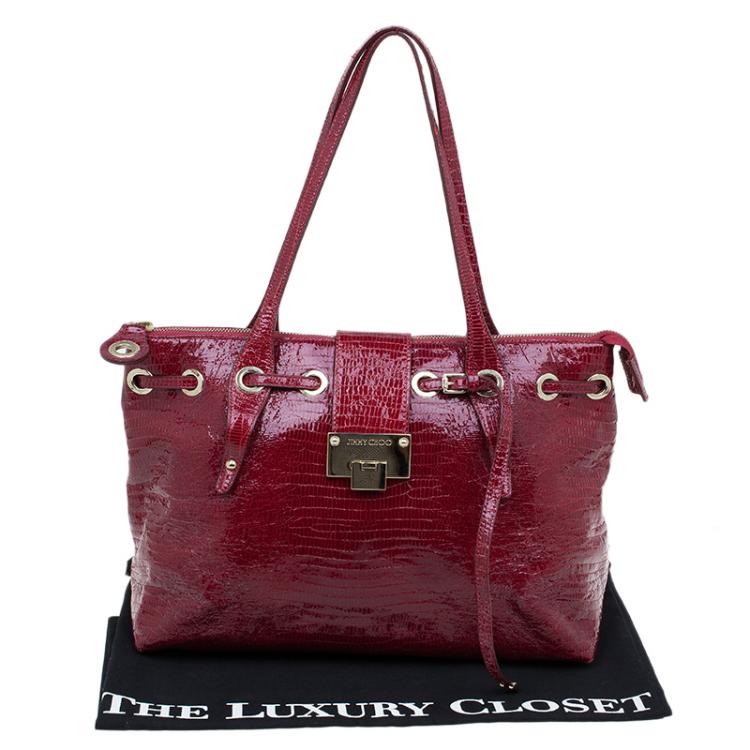 Pre Owned Jimmy Choo Red Lizard Embossed Patent Leather Rhea Shopper Tote