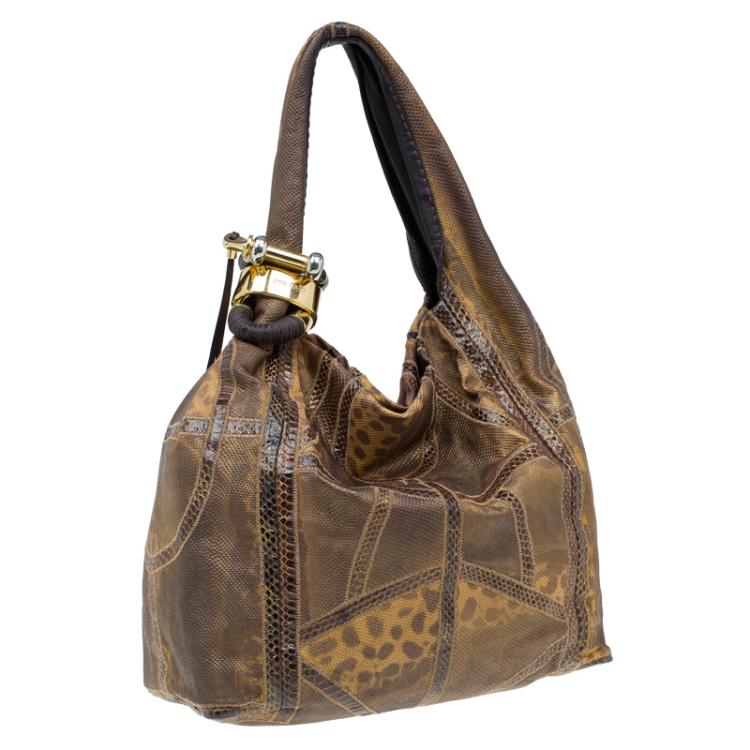 مملوكة مسبقًا Jimmy Choo Brown Lizard/Snakeskin Patchwork Saba Hobo