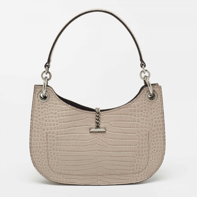 Pre Owned Jimmy Choo Taupe Croc Embossed Leather Varenne Hobo