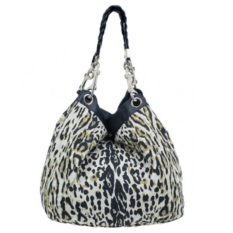 Pre Owned Jimmy Choo Black Trim Leopard Print Large Tote