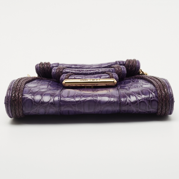 Pre Owned Jimmy Choo Purple Crocodile Flap Chain Clutch 