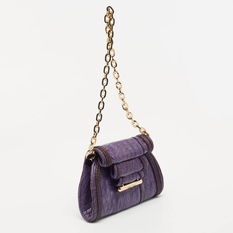 Pre Owned Jimmy Choo Purple Crocodile Flap Chain Clutch 