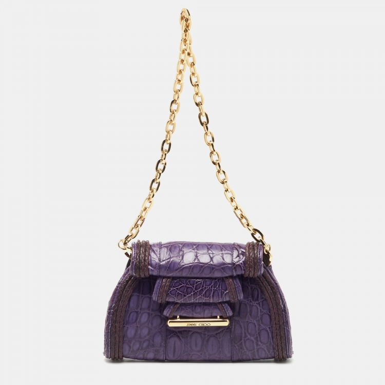 Pre Owned Jimmy Choo Purple Crocodile Flap Chain Clutch 