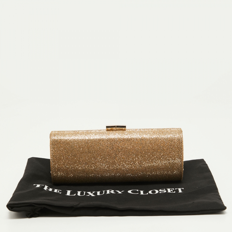 Pre Owned Jimmy Choo Gold Glitter Fabric Twill Tube Clutch