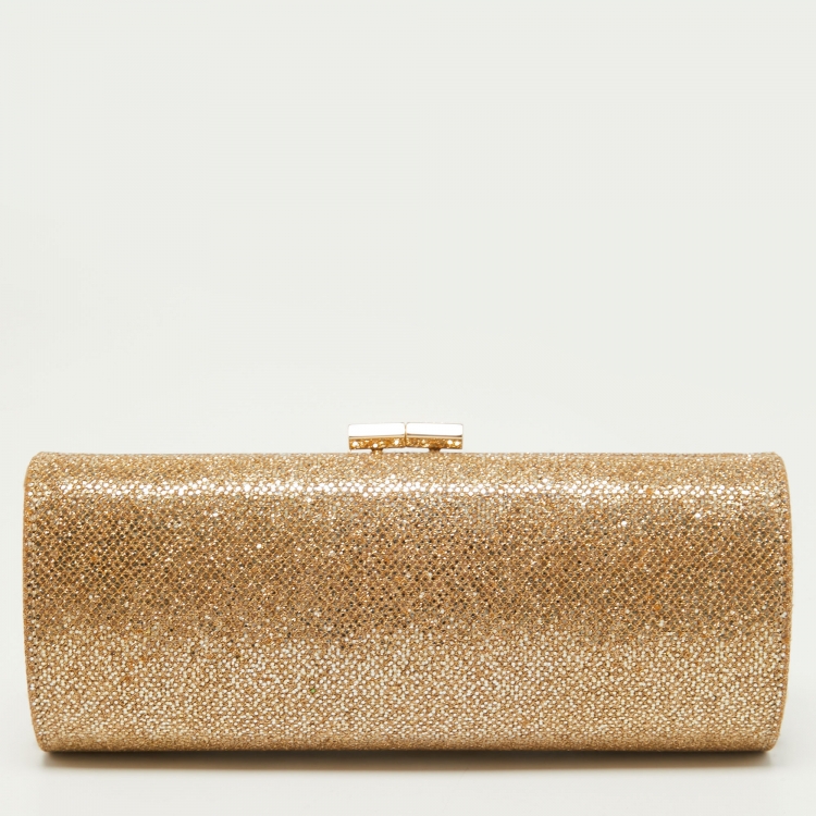 Pre Owned Jimmy Choo Gold Glitter Fabric Twill Tube Clutch