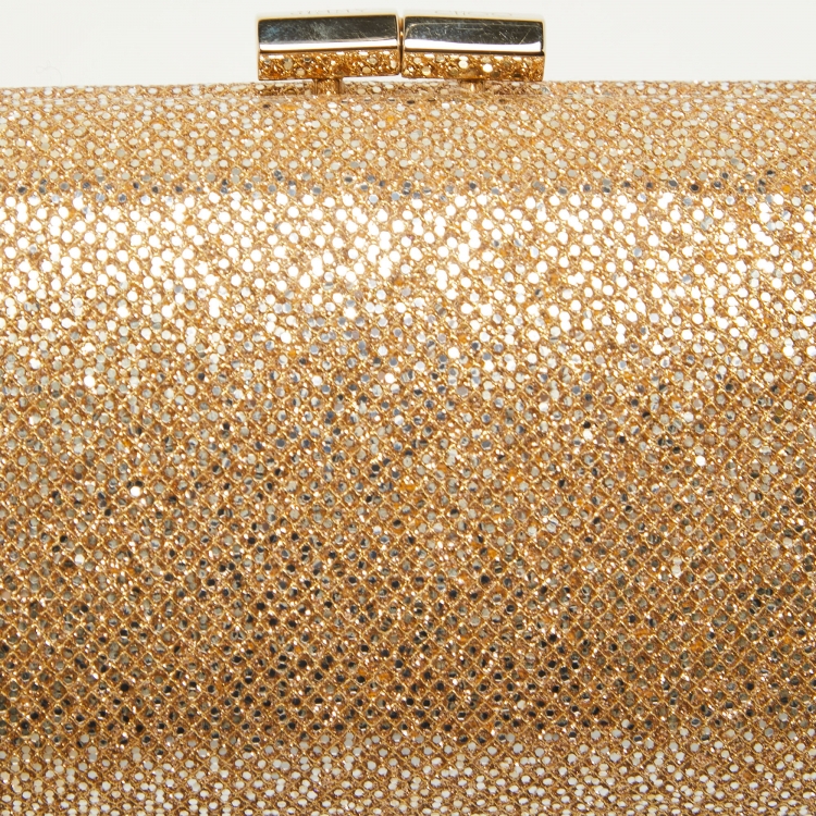 Pre Owned Jimmy Choo Gold Glitter Fabric Twill Tube Clutch