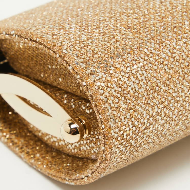 Pre Owned Jimmy Choo Gold Glitter Fabric Twill Tube Clutch
