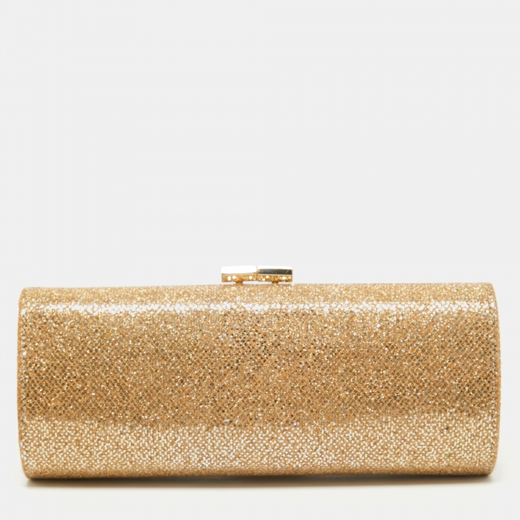 Pre Owned Jimmy Choo Gold Glitter Fabric Twill Tube Clutch