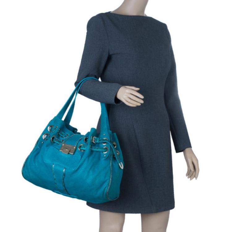 Pre Owned Jimmy Choo Turquoise Snake-Embossed Riki Shopper