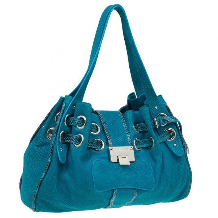 Pre Owned Jimmy Choo Turquoise Snake-Embossed Riki Shopper