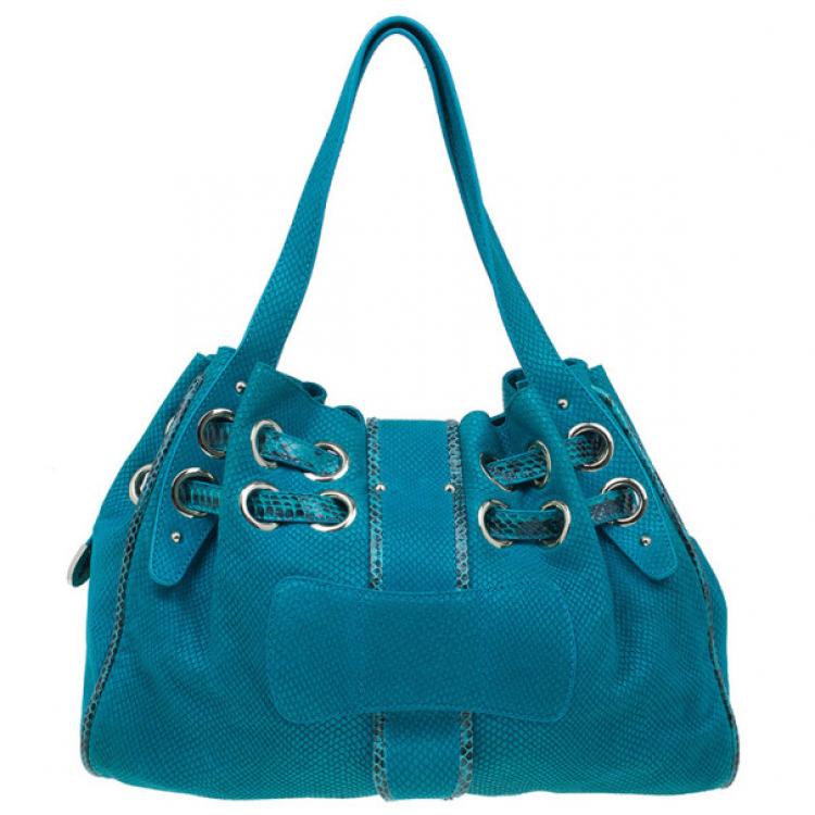 Pre Owned Jimmy Choo Turquoise Snake-Embossed Riki Shopper