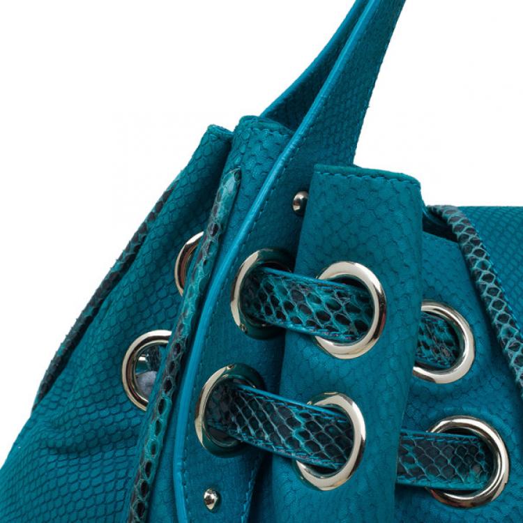Pre Owned Jimmy Choo Turquoise Snake-Embossed Riki Shopper
