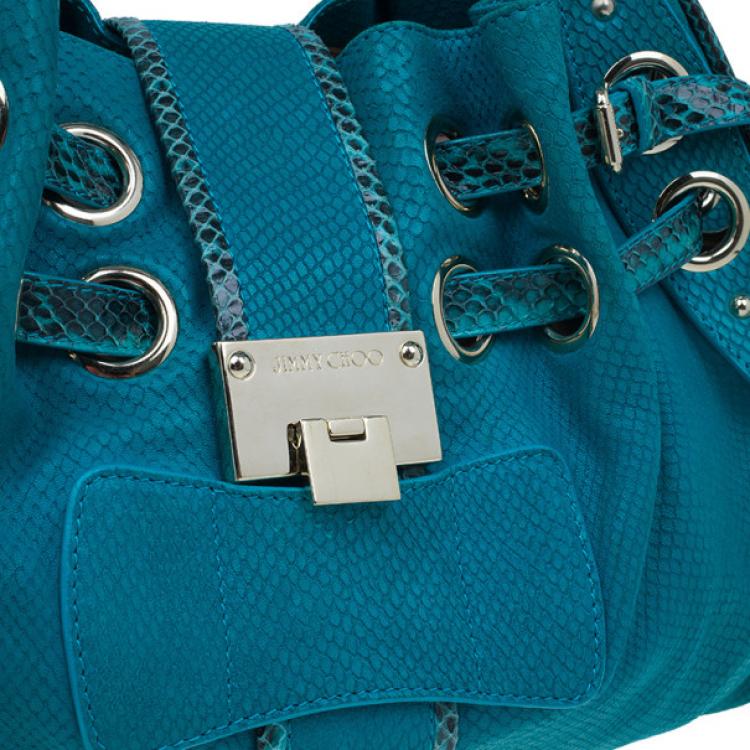 Pre Owned Jimmy Choo Turquoise Snake-Embossed Riki Shopper