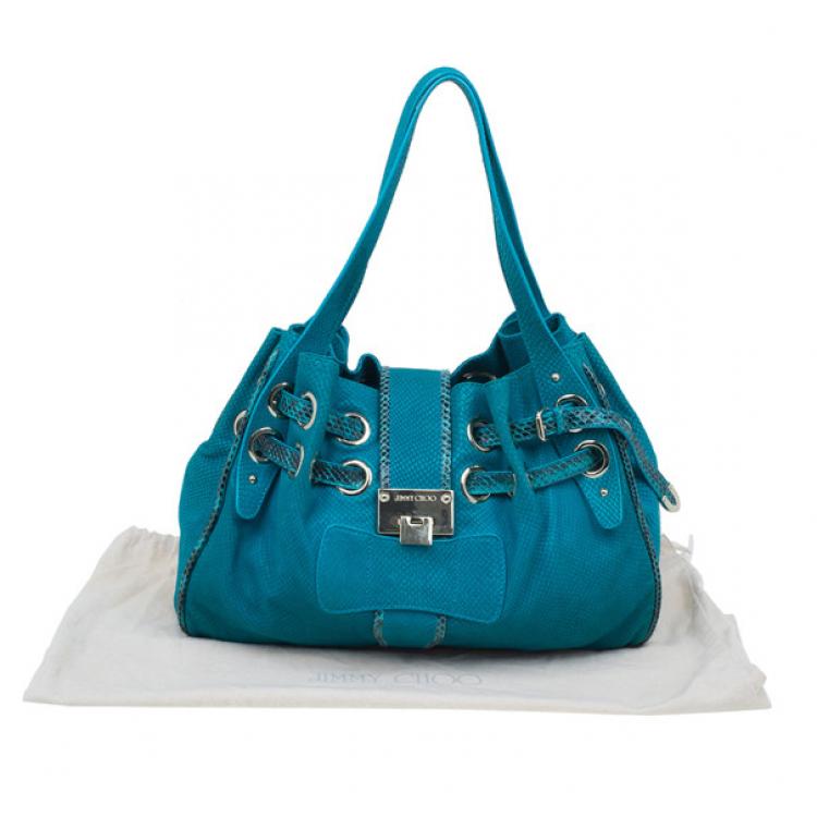 Pre Owned Jimmy Choo Turquoise Snake-Embossed Riki Shopper