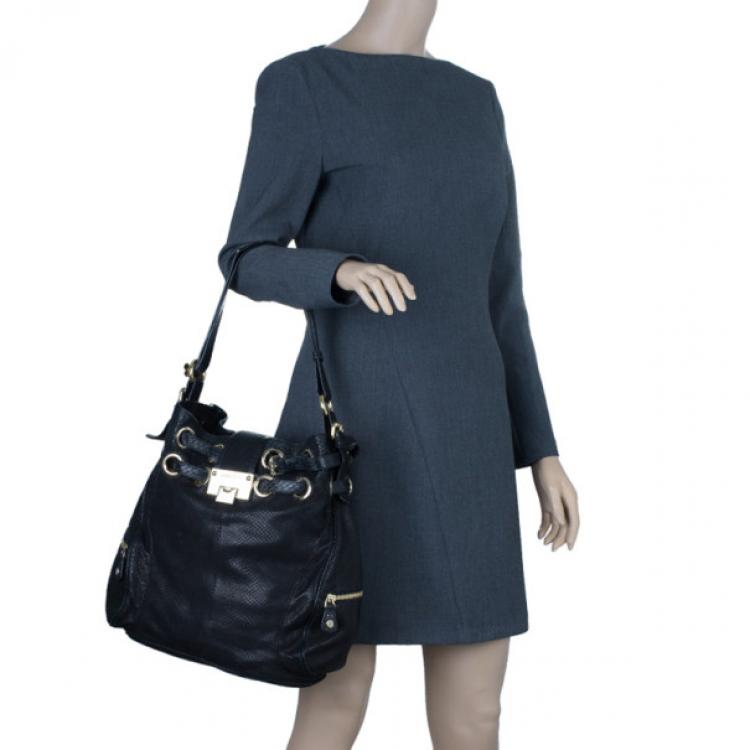 Pre Owned Jimmy Choo Black Leather Embossed Ramona Bucket Tote