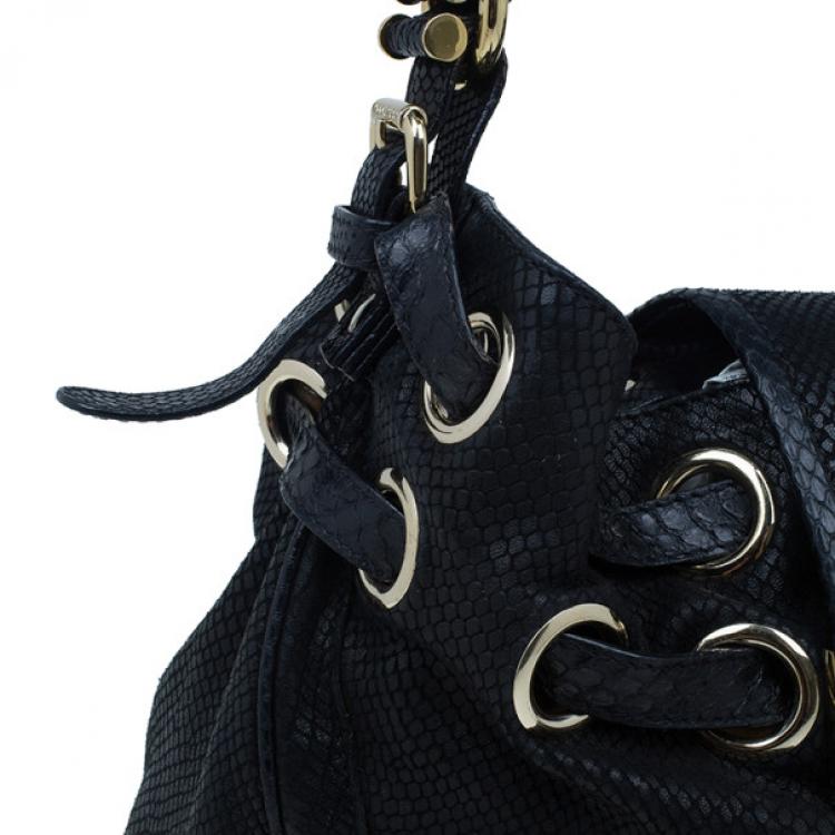 Pre Owned Jimmy Choo Black Leather Embossed Ramona Bucket Tote