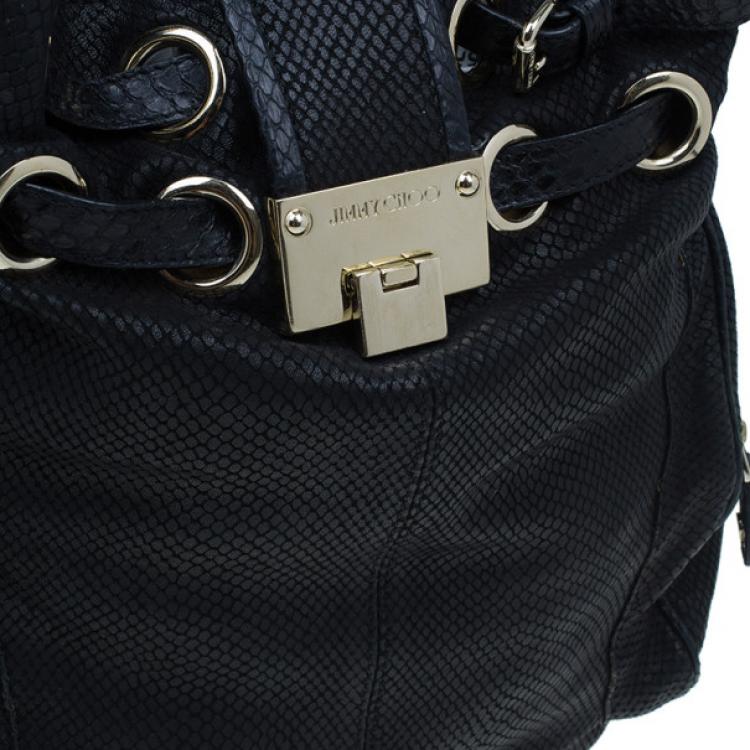 Pre Owned Jimmy Choo Black Leather Embossed Ramona Bucket Tote