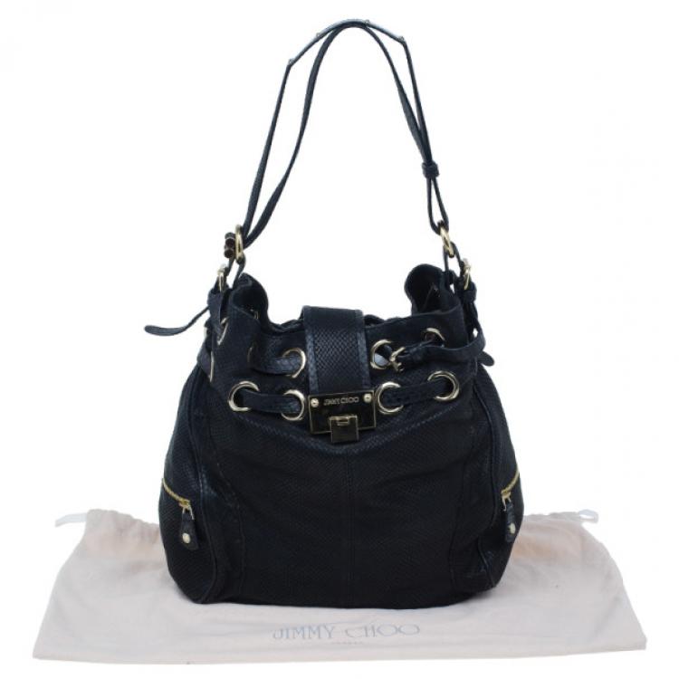 Pre Owned Jimmy Choo Black Leather Embossed Ramona Bucket Tote