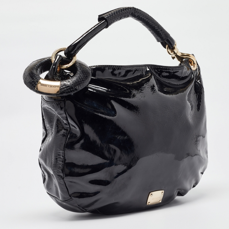 Pre Owned Jimmy Choo Black Patent and Watersnake Leather Sky Bangle Hobo