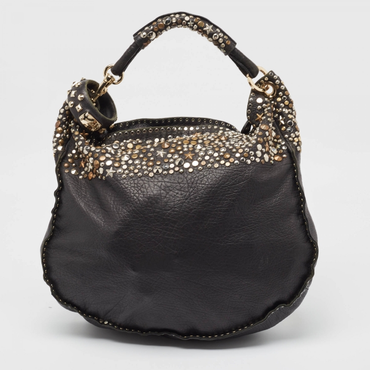 Pre Owned Jimmy Choo Black Leather Studded Sky Bangle Hobo