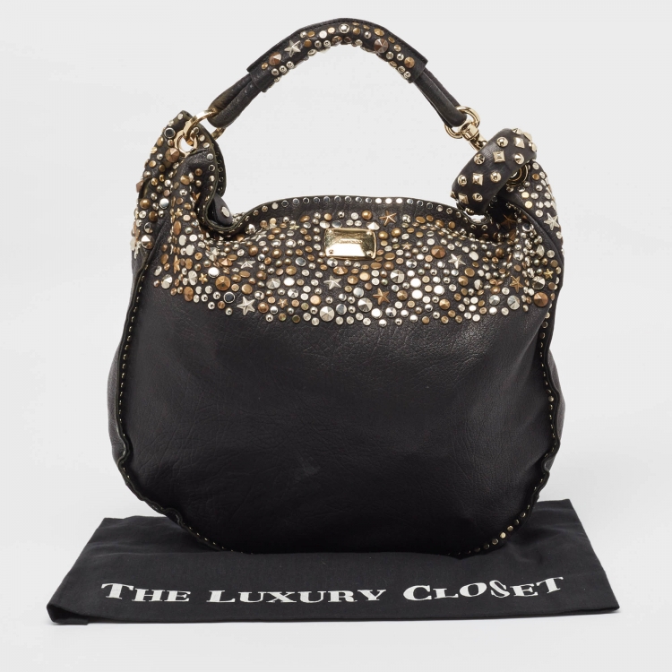 Pre Owned Jimmy Choo Black Leather Studded Sky Bangle Hobo