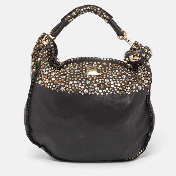 Pre Owned Jimmy Choo Black Leather Studded Sky Bangle Hobo