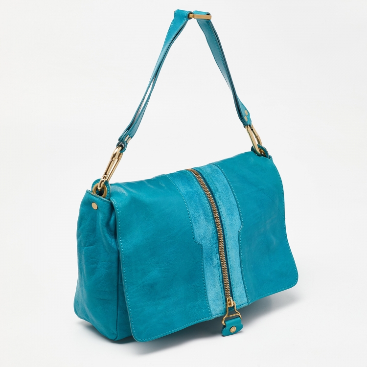 مملوكة مسبقًا Jimmy Choo Turquoise Blue Leather and Suede Expandable Shoulder Bag