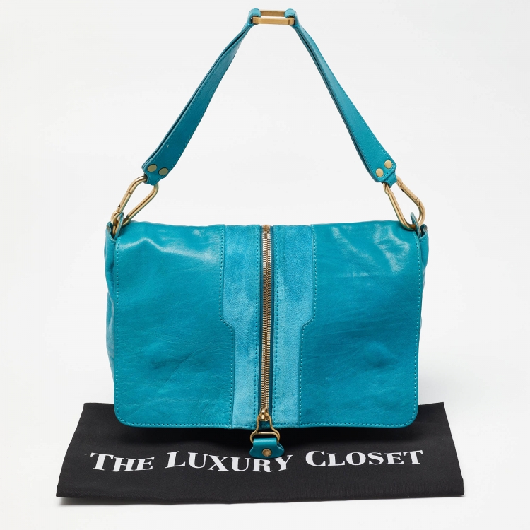 مملوكة مسبقًا Jimmy Choo Turquoise Blue Leather and Suede Expandable Shoulder Bag