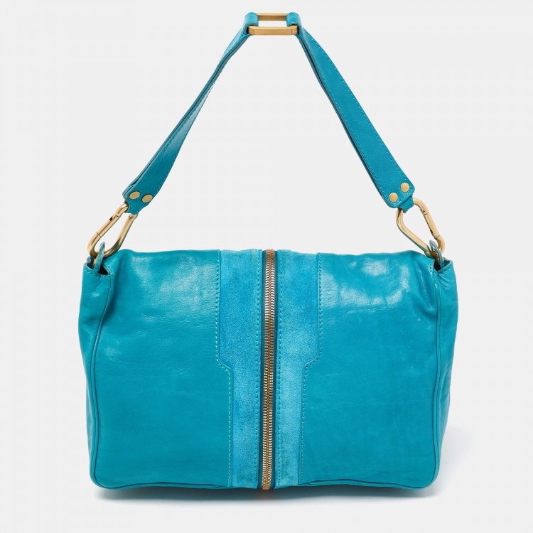 مملوكة مسبقًا Jimmy Choo Turquoise Blue Leather and Suede Expandable Shoulder Bag