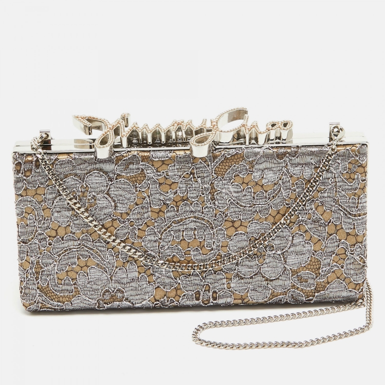 Pre Owned Jimmy Choo Metallic Lace Celeste Logo Chain Clutch