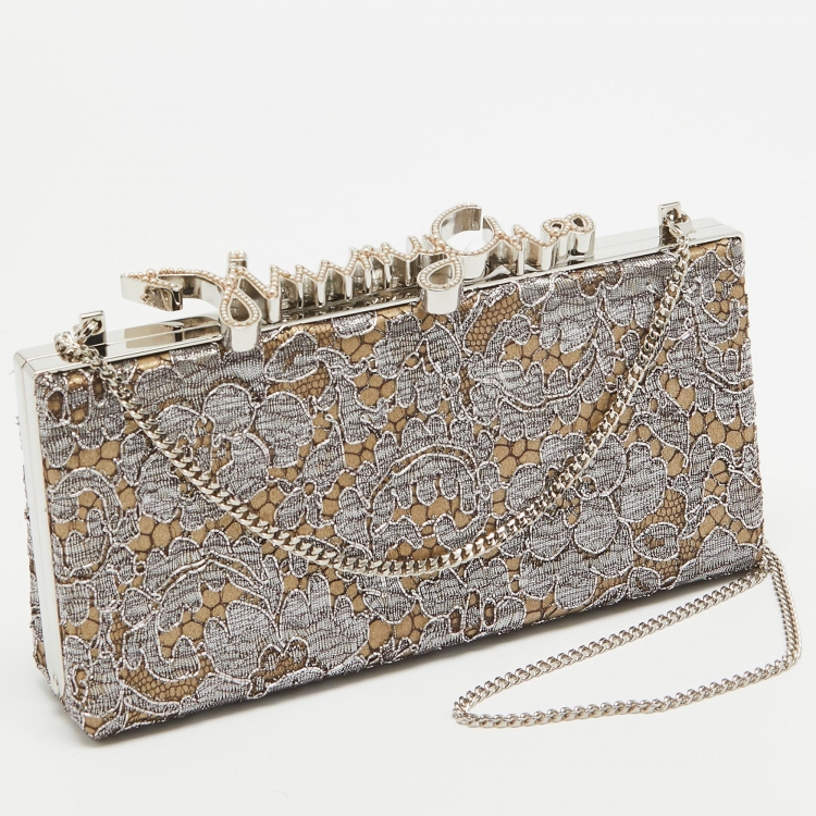 Pre Owned Jimmy Choo Metallic Lace Celeste Logo Chain Clutch