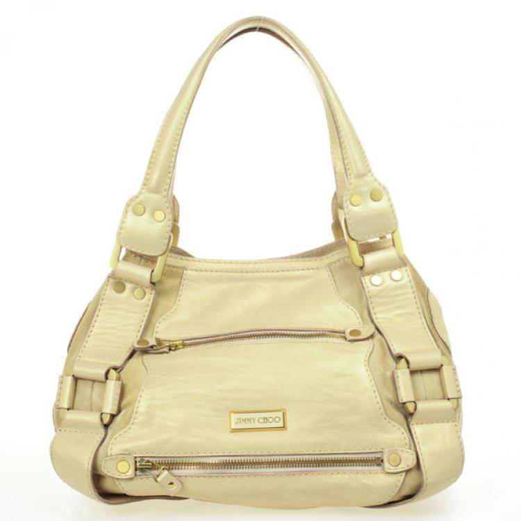 Pre Owned Jimmy Choo Gold Metallic Leather Mahala Tote Bag