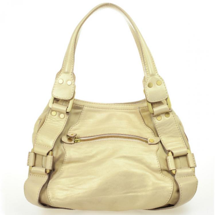 Pre Owned Jimmy Choo Gold Metallic Leather Mahala Tote Bag