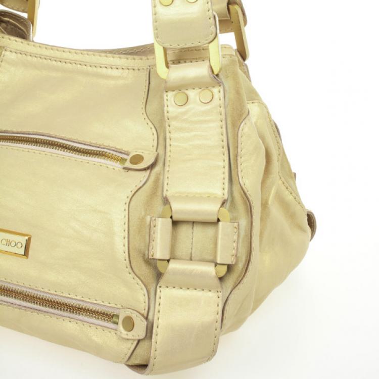Pre Owned Jimmy Choo Gold Metallic Leather Mahala Tote Bag